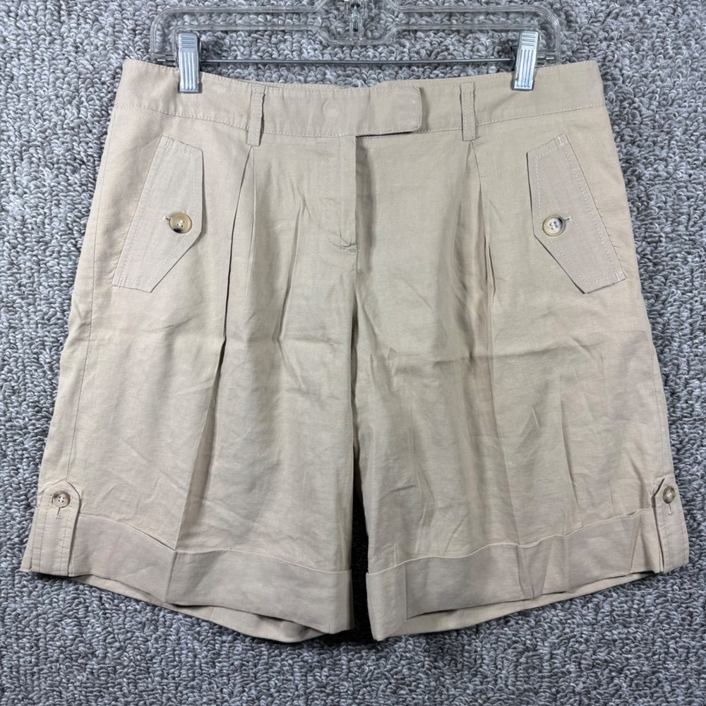 Theory Saks Fifth Avenue Beige Bermuda Shorts Button Cuff Stretch Linen Women 10